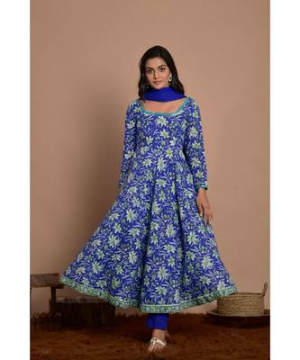 blue block printed anarkali set 1