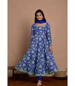 blue block printed anarkali set