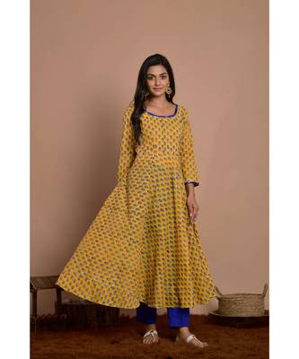 yellow block print dress with blue pany 1