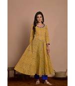 yellow block print dress with blue pany