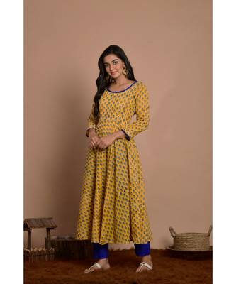 yellow block print dress with blue pany 2