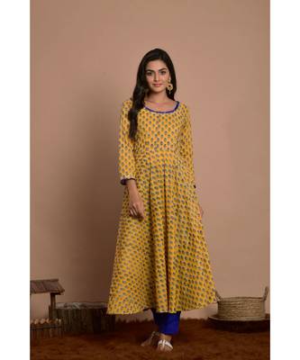yellow block print dress with blue pany 3