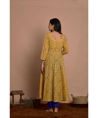yellow block print dress with blue pany 4