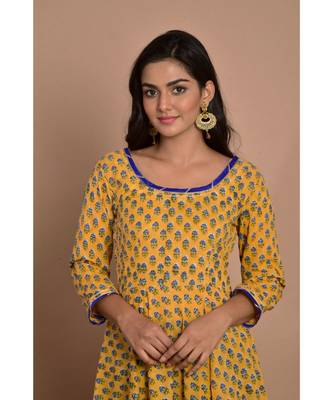 yellow block print dress with blue pany 5