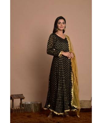 Black flared anarkali set with golden dupatta 1