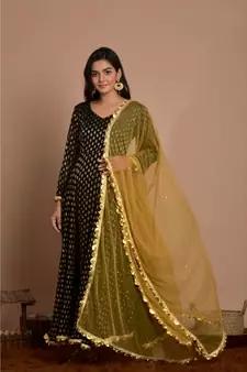 Black flared anarkali set with golden dupatta