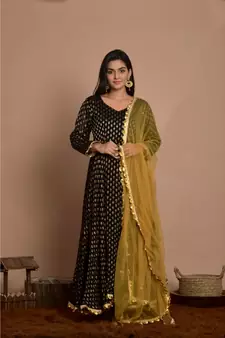 Black flared anarkali set with golden dupatta