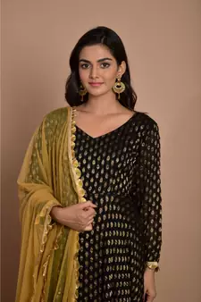 Black flared anarkali set with golden dupatta
