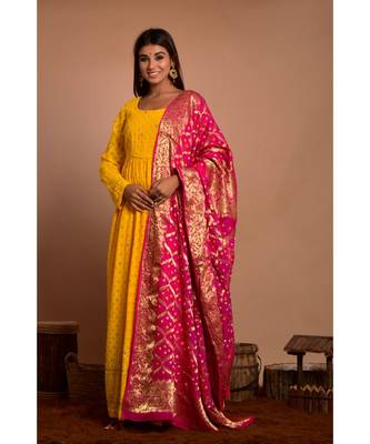 Yellow chikankari gathered anarkali with peach dupatta 1