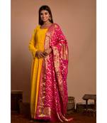 Yellow chikankari gathered anarkali with peach dupatta