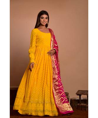 Yellow chikankari gathered anarkali with peach dupatta 2