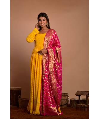 Yellow chikankari gathered anarkali with peach dupatta 3