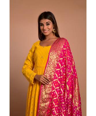 Yellow chikankari gathered anarkali with peach dupatta 4