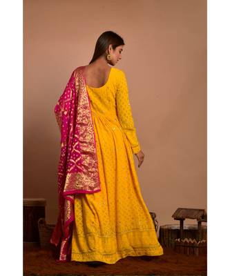 Yellow chikankari gathered anarkali with peach dupatta 5