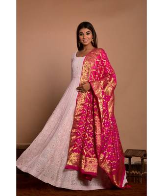 Pink chikankari anarkali with magenta gharchola dupatta 1