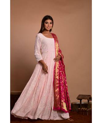 Pink chikankari anarkali with magenta gharchola dupatta 2