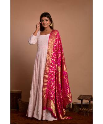 Pink chikankari anarkali with magenta gharchola dupatta 3
