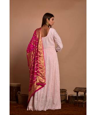 Pink chikankari anarkali with magenta gharchola dupatta 4