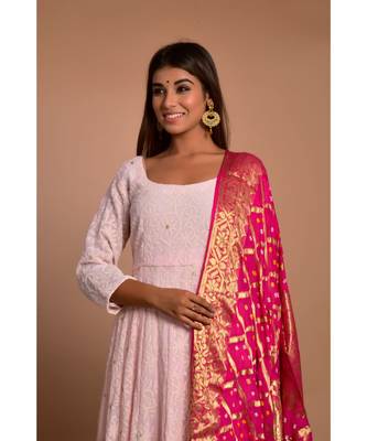 Pink chikankari anarkali with magenta gharchola dupatta 5