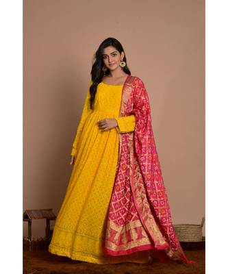 Yellow chikankari gathered anarkali with rani dupatta 1