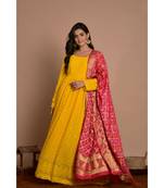 Yellow chikankari gathered anarkali with rani dupatta