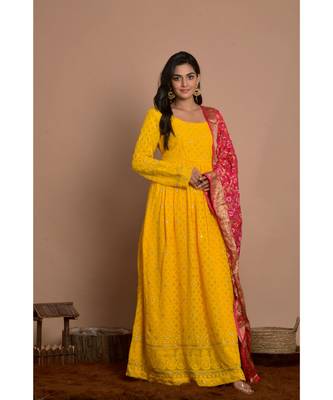 Yellow chikankari gathered anarkali with rani dupatta 2