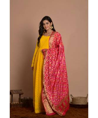 Yellow chikankari gathered anarkali with rani dupatta 3