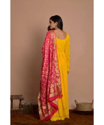 Yellow chikankari gathered anarkali with rani dupatta 4