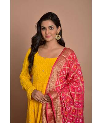 Yellow chikankari gathered anarkali with rani dupatta 5