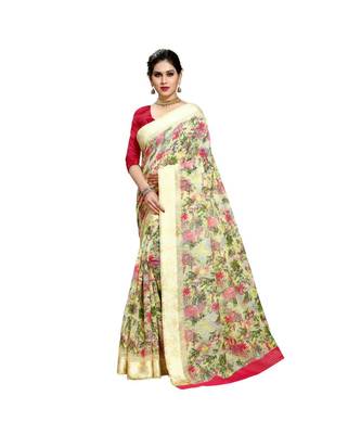 cream printed cotton saree with blouse 1