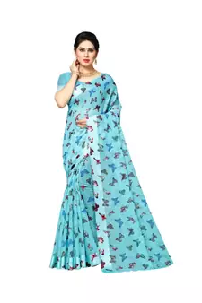 blue printed cotton saree with blouse