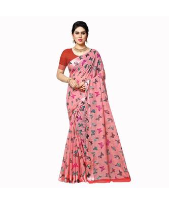 pink printed cotton saree with blouse 1