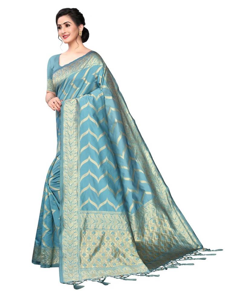 blue woven art silk saree with blouse