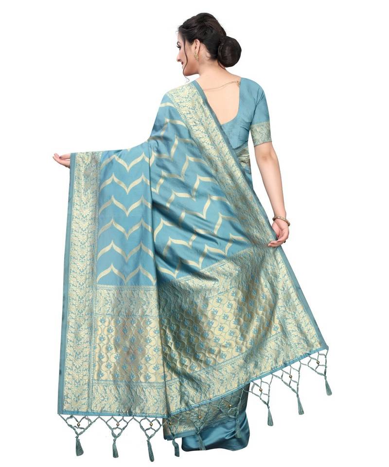blue woven art silk saree with blouse