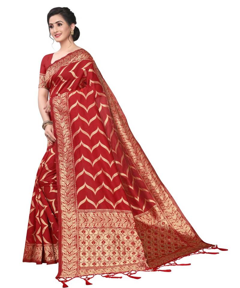 red woven art silk saree with blouse