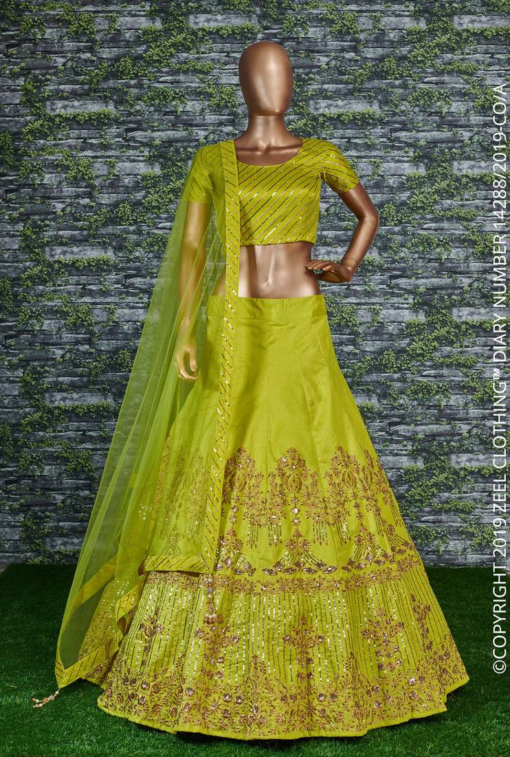 Yellow Zari and Sequins embroidered with stone work silk Semi Stitched bridal lehenga