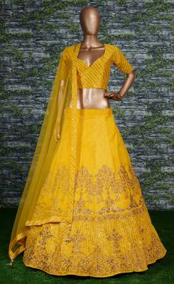 Yellow Zari and Sequins embroidered with stone work Silk Semi Stitched Bridal Lehenga 4