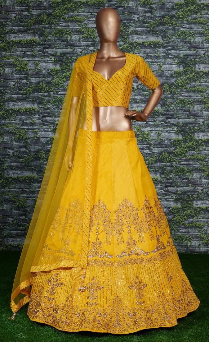 Yellow Zari and Sequins embroidered with stone work Silk Semi Stitched Bridal Lehenga