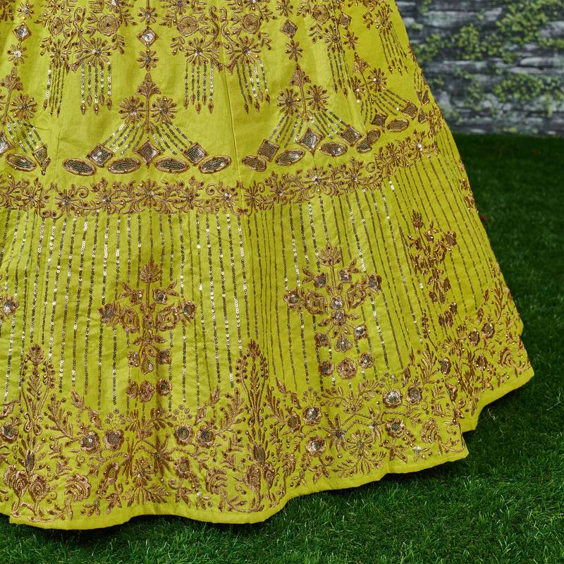 Yellow Zari and Sequins embroidered with stone work silk Semi Stitched bridal lehenga