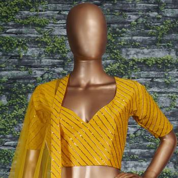 Yellow Zari and Sequins embroidered with stone work Silk Semi Stitched Bridal Lehenga 5