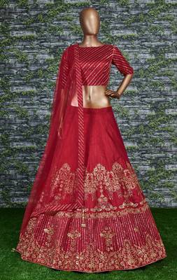 Red Zari and Sequins Embroidered Silk Semi Stitched wedding and party Lehenga 4