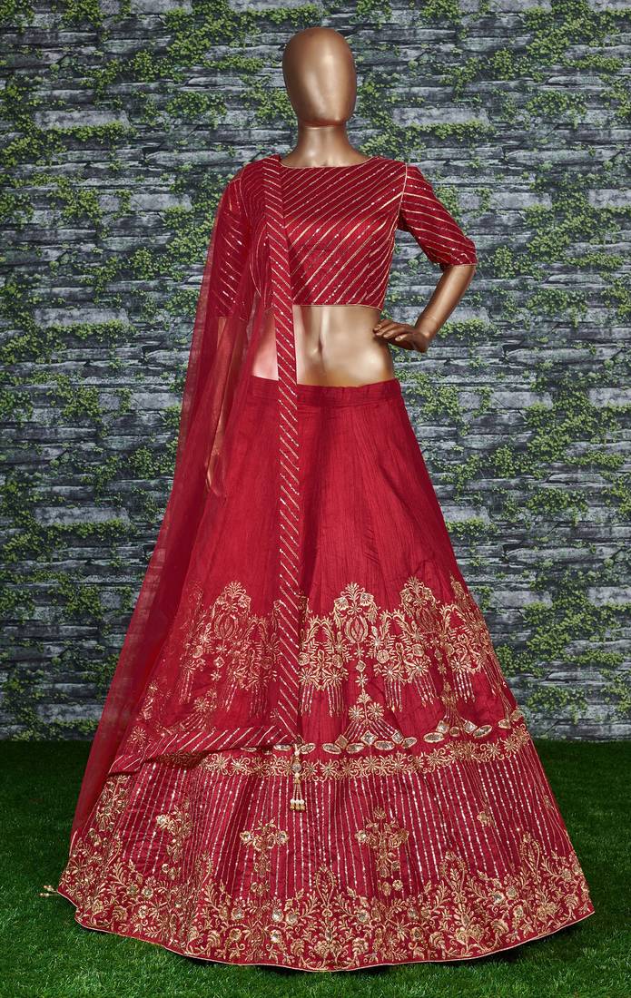 Red Zari and Sequins Embroidered Silk Semi Stitched wedding and party Lehenga
