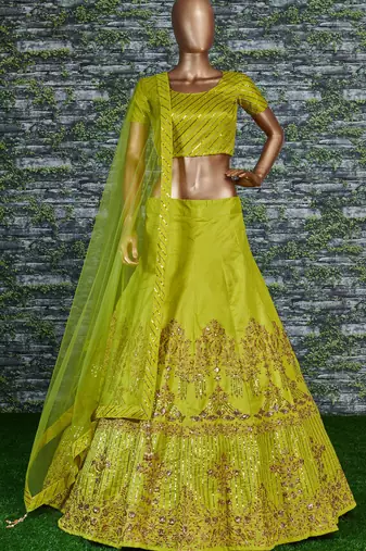 Light-green Zari and Sequins Embroidered Silk Semi Stitched Lehenga choli with dupatta