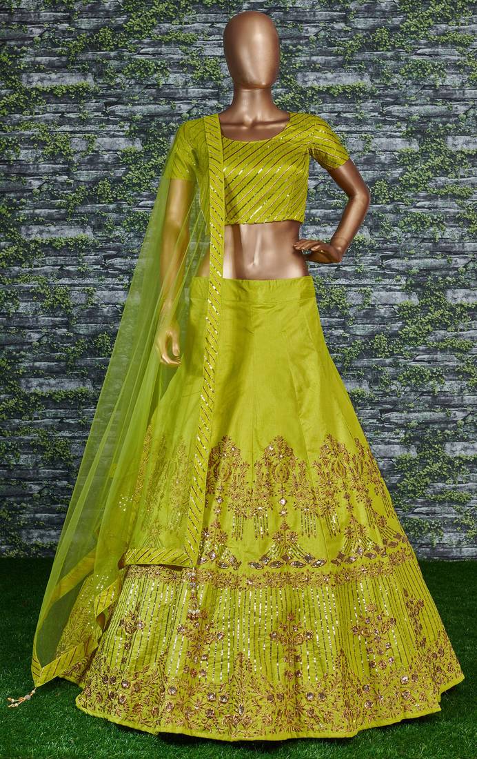 Light-green Zari and Sequins Embroidered Silk Semi Stitched Lehenga choli with dupatta