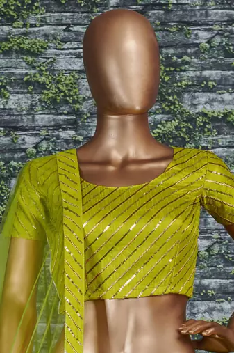 Light-green Zari and Sequins Embroidered Silk Semi Stitched Lehenga choli with dupatta