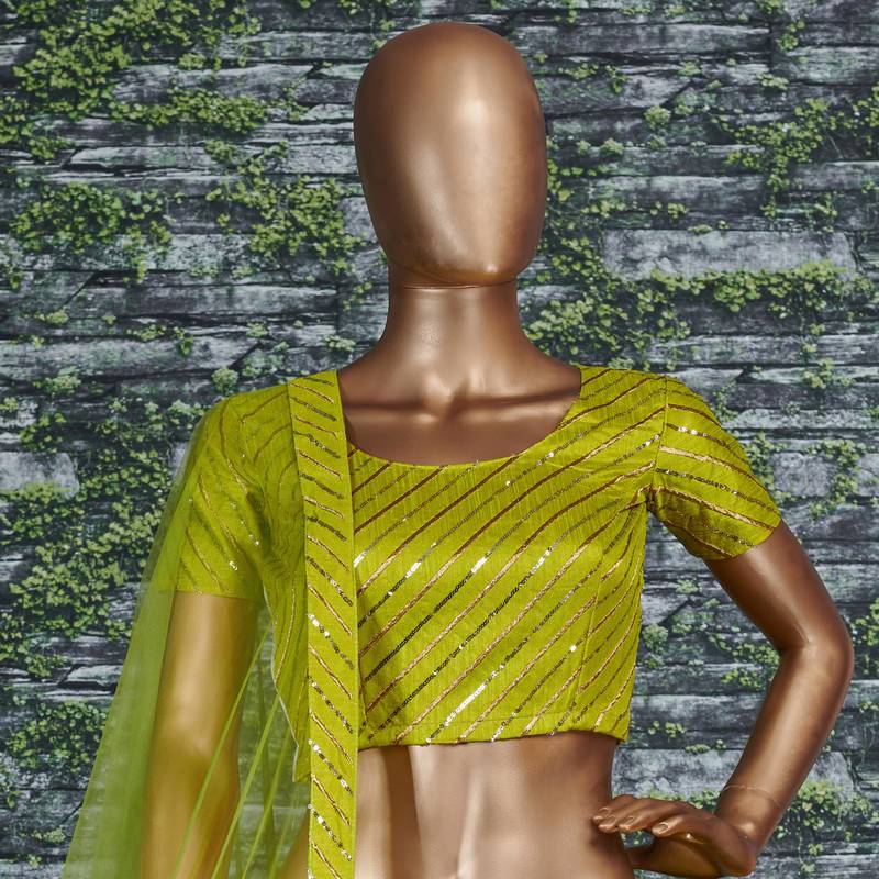 Light-green Zari and Sequins Embroidered Silk Semi Stitched Lehenga choli with dupatta