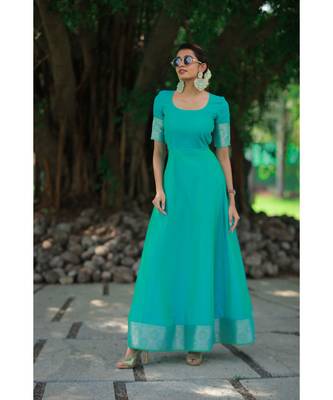 Blue Cotton Silk Fit and Flare Dress 1