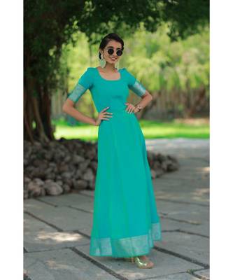 Blue Cotton Silk Fit and Flare Dress 2