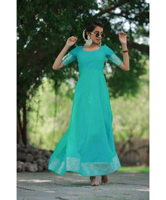 Blue Cotton Silk Fit and Flare Dress 3