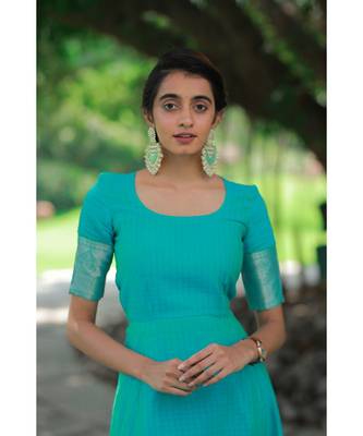 Blue Cotton Silk Fit and Flare Dress 5